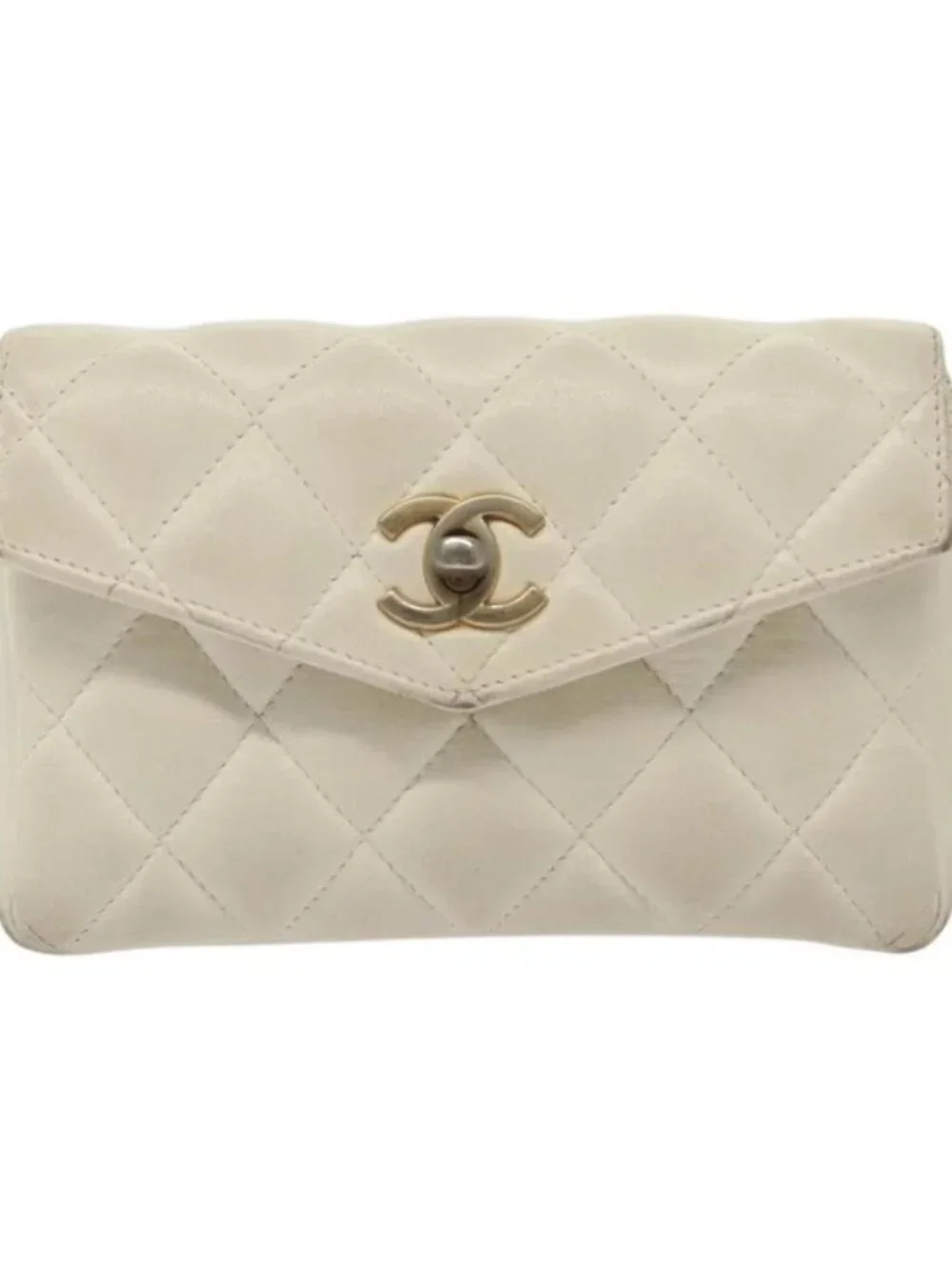 CHANEL Matelasse Chain Waist bag Lamb Skin White Gold CC Auth BA5530